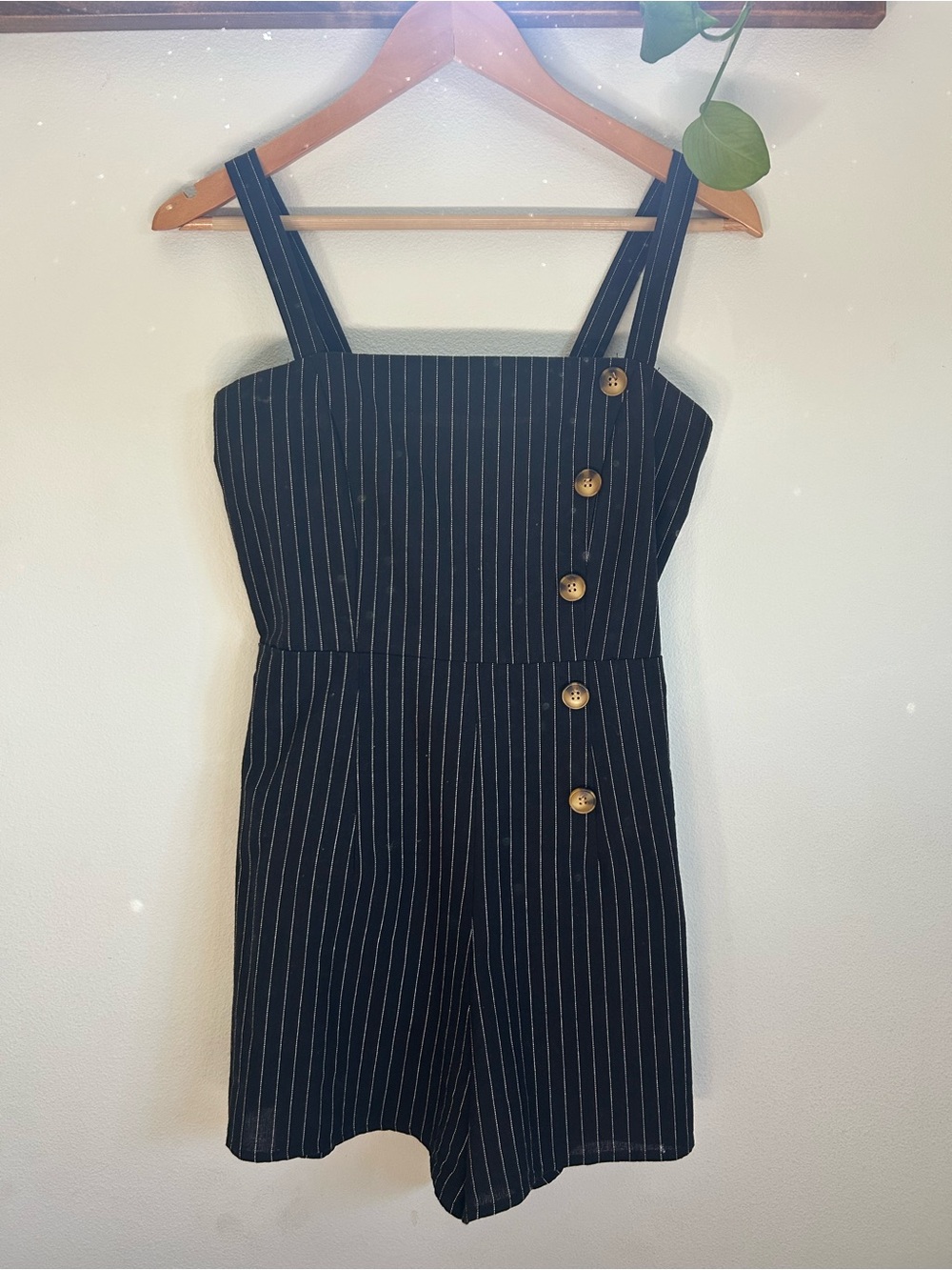 Navy Pinstripe Button Romper